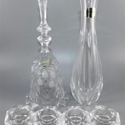 75 Lot of 6 Crystal Items - Atlantis Vase/ Floral Etched Bell and 4- Salt Cellars 1-8 inch Tall approx.