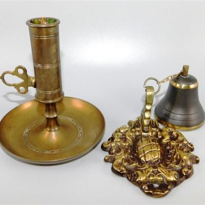 83 Lot of 2 - Brass Bell with Mount / Brass Adjustable Candlesticks