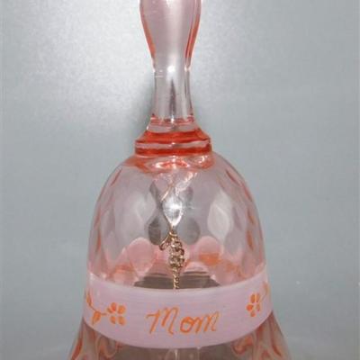 92 Lot of 3 - Acrylic Rose Art / Napco Floral Egg Vase/ Pink Glass Bell Says Mom 4 1/2-6 1/2