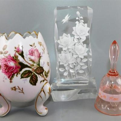 92 Lot of 3 - Acrylic Rose Art / Napco Floral Egg Vase/ Pink Glass Bell Says Mom 4 1/2-6 1/2