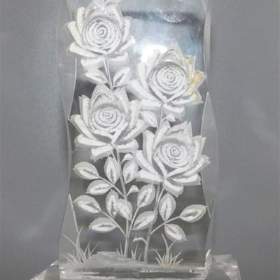 92 Lot of 3 - Acrylic Rose Art / Napco Floral Egg Vase/ Pink Glass Bell Says Mom 4 1/2-6 1/2