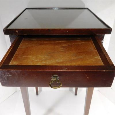 126 Small Wooden Table with Little Drawer with Glass on Top 24 x 11 1/2