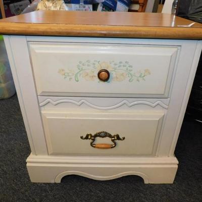 130A Side table with Wood Top and White with Flowers Painted. 2 Drawers- 22x 16x 22 1/2