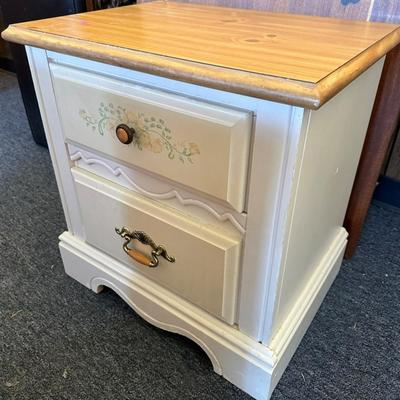 130A Side table with Wood Top and White with Flowers Painted. 2 Drawers- 22x 16x 22 1/2