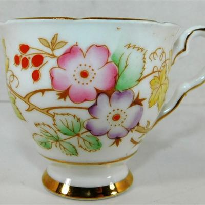 148 Lot of 4 Cups and Saucers with Stands - Royal Albert Old Country Roses/ Royal Stafford / Royal Sutherland Staffordshire /Sango Carlton