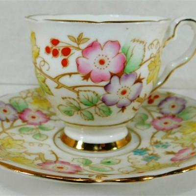 148 Lot of 4 Cups and Saucers with Stands - Royal Albert Old Country Roses/ Royal Stafford / Royal Sutherland Staffordshire /Sango Carlton