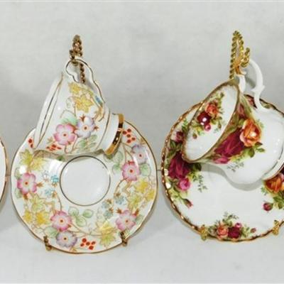 148 Lot of 4 Cups and Saucers with Stands - Royal Albert Old Country Roses/ Royal Stafford / Royal Sutherland Staffordshire /Sango Carlton