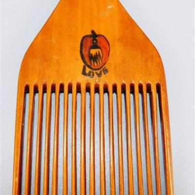 157 Vintage Wooden Hair Pick with Bird and Love Painted on Both Sides 8 x 3