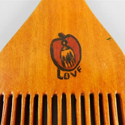 157 Vintage Wooden Hair Pick with Bird and Love Painted on Both Sides 8 x 3