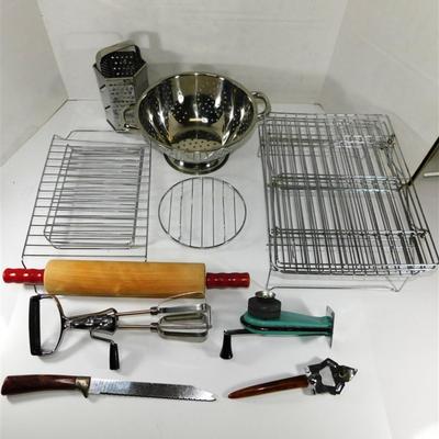 161 Large Kitchen Lot of 15- Rolling Pin/ Stainer/ Knife Sharpener/ Various Wire Racks/Grater
