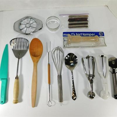 163 Large Kitchen Lot of 13- Whisk / Pizza Cutter/ Wooden Spoon/ Apple Cutter