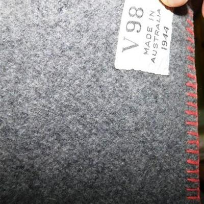 171 Gray Wool Blanket 82 x 54 Made in Australia - Grey with Light Grey Stripe and Red Stitching on Side Has Small Hole