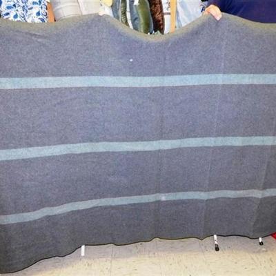 171 Gray Wool Blanket 82 x 54 Made in Australia - Grey with Light Grey Stripe and Red Stitching on Side Has Small Hole