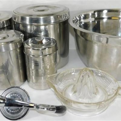 194 Lot of 7 Kitchen Items- Large Stainless Mixing Bowl 12" Vintage Flint Mixer - 4 Stainless Storage Containers