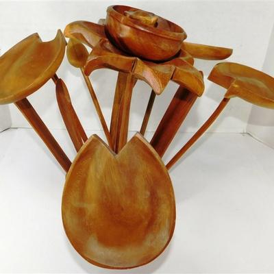 195 10 1/2 Small Wooden Dough Bowl - 7 x 14 Lot of 2 Plaid Coffee Shadow Box Style Pictures- 15" Wooden Sculpture of Lily Pads and...