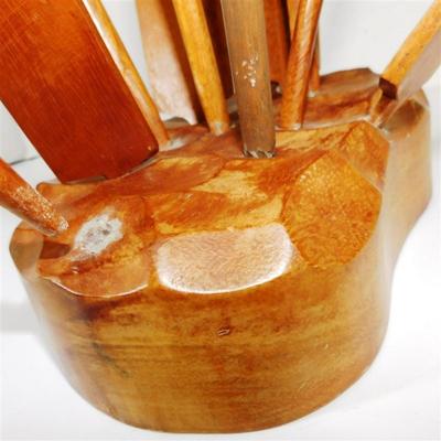 195 10 1/2 Small Wooden Dough Bowl - 7 x 14 Lot of 2 Plaid Coffee Shadow Box Style Pictures- 15" Wooden Sculpture of Lily Pads and...