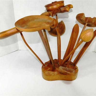 195 10 1/2 Small Wooden Dough Bowl - 7 x 14 Lot of 2 Plaid Coffee Shadow Box Style Pictures- 15" Wooden Sculpture of Lily Pads and...