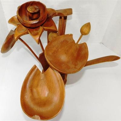195 10 1/2 Small Wooden Dough Bowl - 7 x 14 Lot of 2 Plaid Coffee Shadow Box Style Pictures- 15" Wooden Sculpture of Lily Pads and...