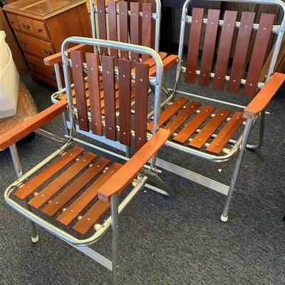 199 Lot of 3 Wood and Metal Lawn Chairs 23 x 33