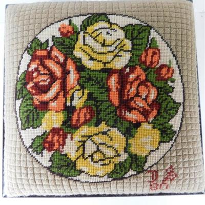 207 Wooden Footstool Floral Needle Point- Initials JS 80 12 1/2 x12 1/2 x 10