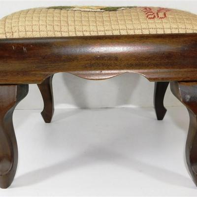 207 Wooden Footstool Floral Needle Point- Initials JS 80 12 1/2 x12 1/2 x 10