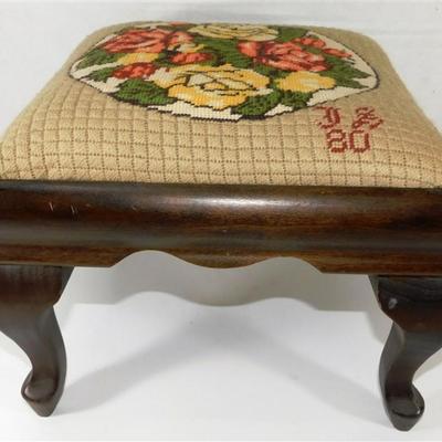 207 Wooden Footstool Floral Needle Point- Initials JS 80 12 1/2 x12 1/2 x 10