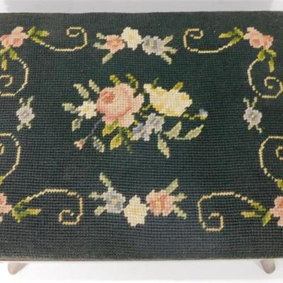 208 Wooden Footstool Flora Needlepoint by Bernhard Ulmann Company 13 1/2 x 10 1/2 x 8