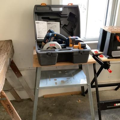 W1185 Ryobi Circular Saw 18V 5.5" , Drill Driver with Case on Work Stand