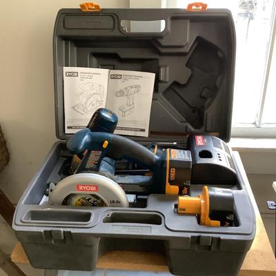 W1185 Ryobi Circular Saw 18V 5.5" , Drill Driver with Case on Work Stand