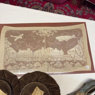 U1087 Antique Ladies Shoes, 1933 Lace Dresser Scarf Chicago Worlds Fair Souvenir