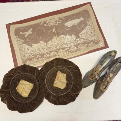 U1087 Antique Ladies Shoes, 1933 Lace Dresser Scarf Chicago Worlds Fair Souvenir