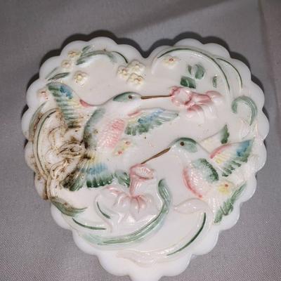 Fenton Hand Painted Heart Trinket Box with Hummingbird