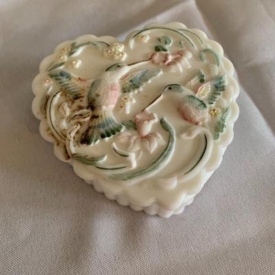 Fenton Hand Painted Heart Trinket Box with Hummingbird