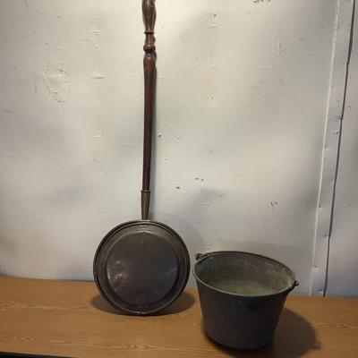 W1353 Vintage Brass & Copper Bed Warmer & Bucket
