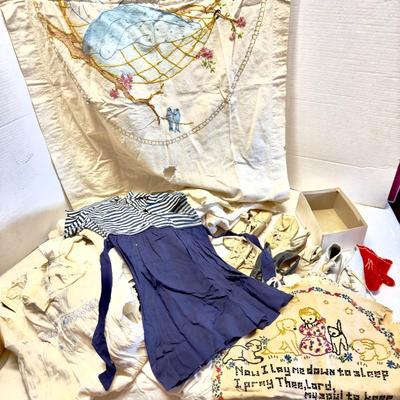 U1250 Antique Baby Clothing Lot with Baby Shoes and Blanket