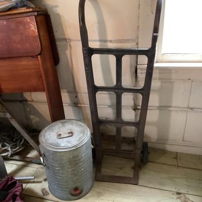 W1366 Antique Steel Barrel Dolly & Galvanized Water Jug