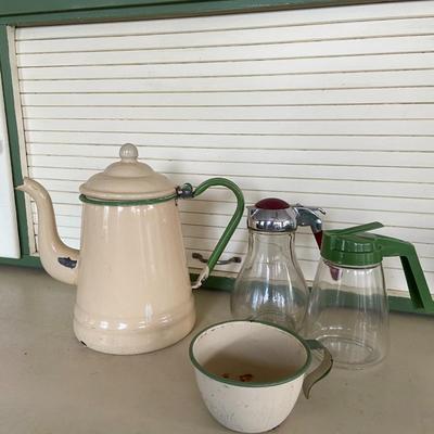 Enamelware Kitchen Kettle and Pitcher Lot
