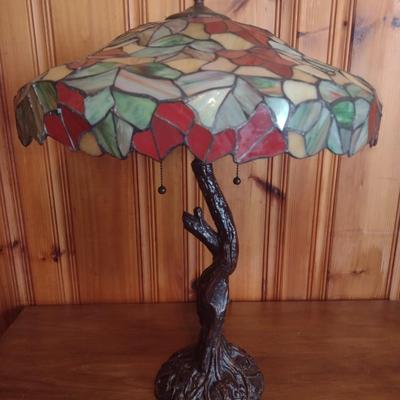 Tiffany Style Stained Glass Shade Table Lamp with Metal Tree Trunk Post Choice A