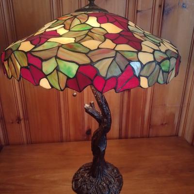 Tiffany Style Stained Glass Shade Table Lamp with Metal Tree Trunk Post Choice A