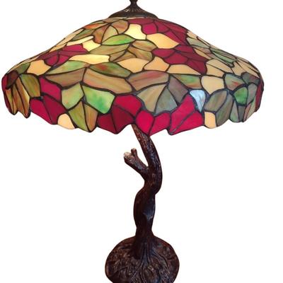 Tiffany Style Stained Glass Shade Table Lamp with Metal Tree Trunk Post Choice A