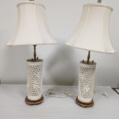 Pair Of Double Bulb Chinoiserie Chino de Blanc Lamps