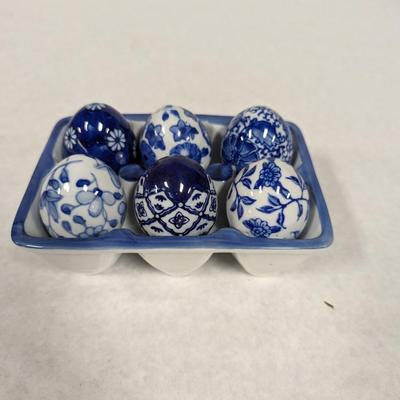 Set of Six Blue and White Ceramic Eggs with Carry Dish