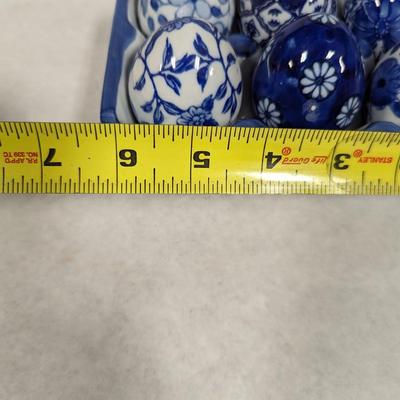 Set of Six Blue and White Ceramic Eggs with Carry Dish