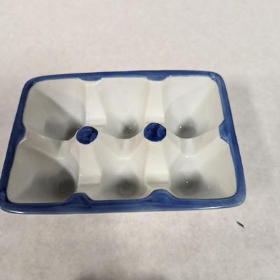 Set of Six Blue and White Ceramic Eggs with Carry Dish