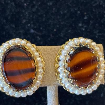 Tiger eye earrings and W. German clip ons with necklace