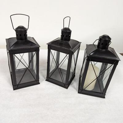 Set of Three Metal and Glass Black Candle Lanterns