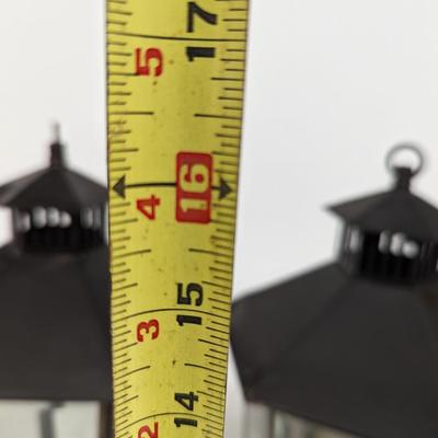 Set of Two Metal and Glass Black Candle Lanterns