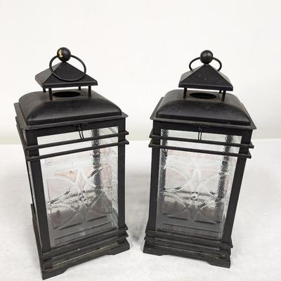 Set of Two Metal and Glass Black Candle Lanterns