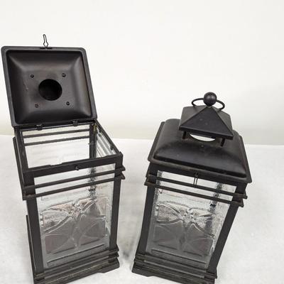 Set of Two Metal and Glass Black Candle Lanterns