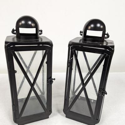 Set of Two Metal and Glass Black Candle Lanterns